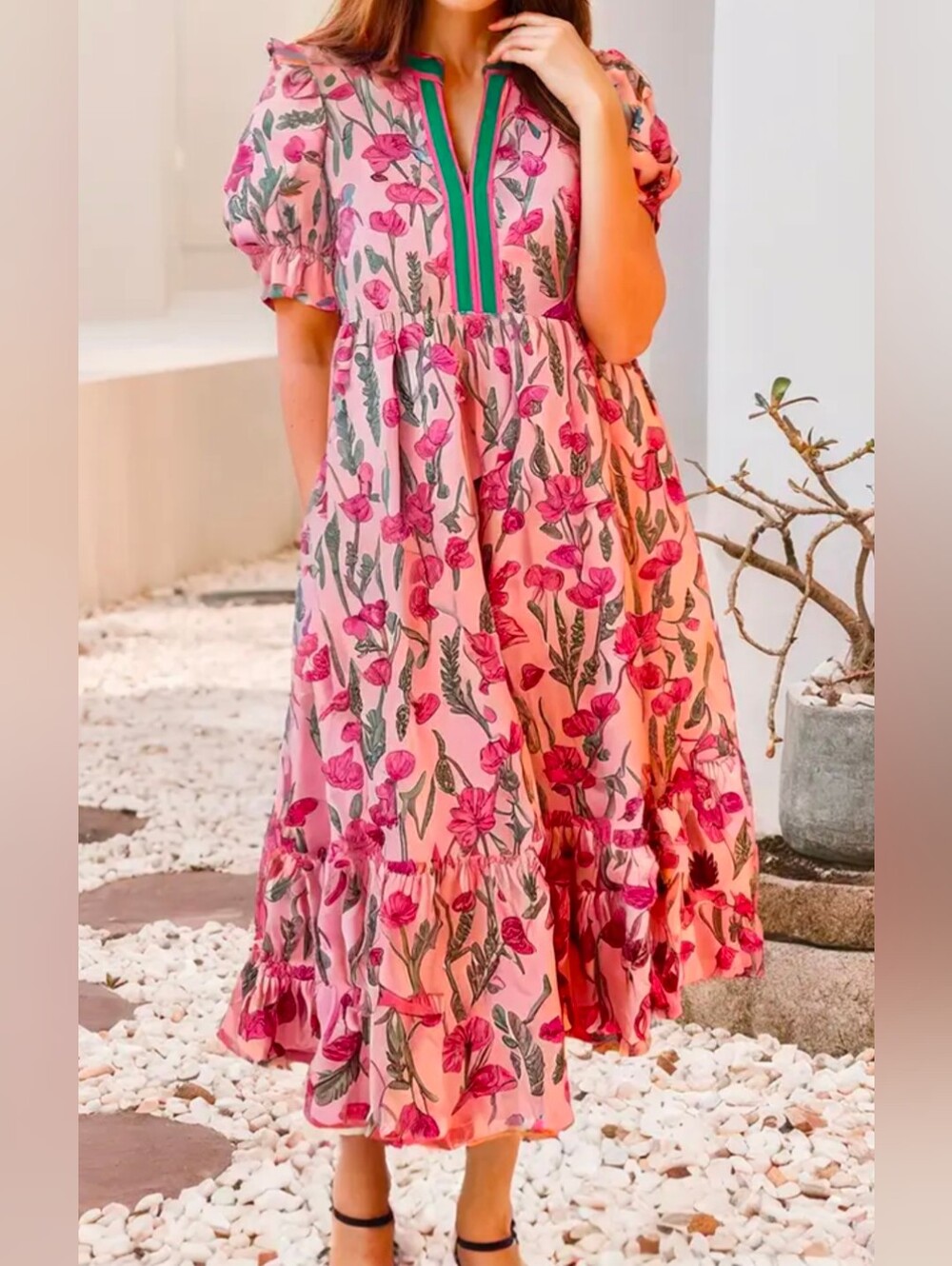 Pink Floral Tiered Dress with Green Trim